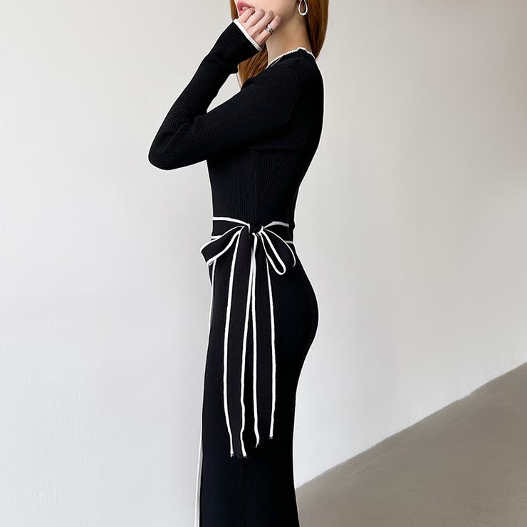 バイカラータイトワンピース ニットワンピース リボンワンピース | COCOMOMO | 詳細画像24 