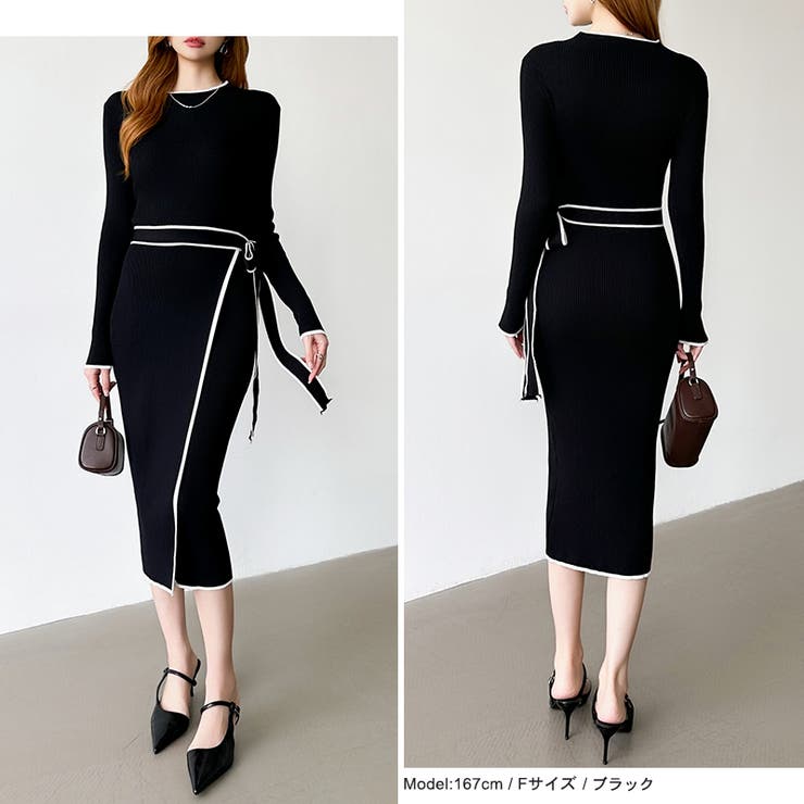 バイカラータイトワンピース ニットワンピース リボンワンピース | COCOMOMO | 詳細画像26 