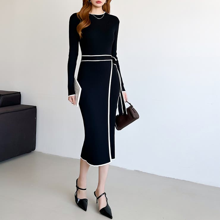 バイカラータイトワンピース ニットワンピース リボンワンピース | COCOMOMO | 詳細画像29 