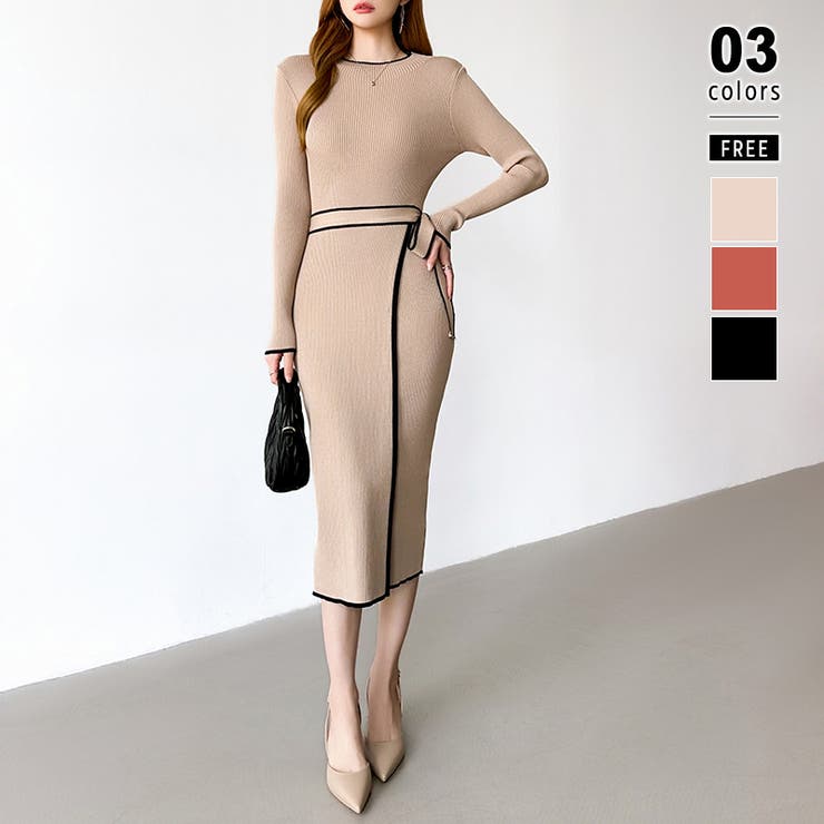 杢ベージュ | バイカラータイトワンピース ニットワンピース リボンワンピース | COCOMOMO