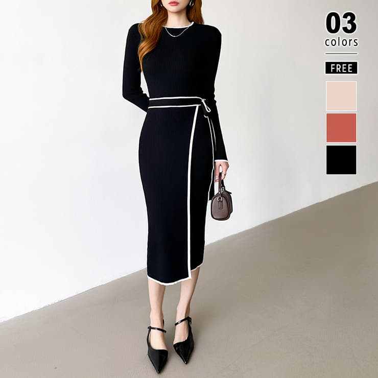 ブラック | バイカラータイトワンピース ニットワンピース リボンワンピース | COCOMOMO