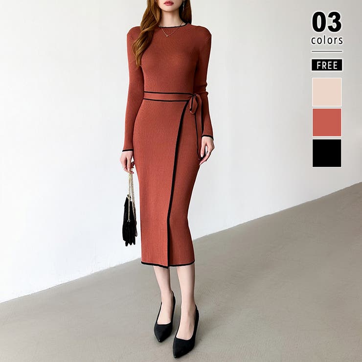 オレンジ | バイカラータイトワンピース ニットワンピース リボンワンピース | COCOMOMO