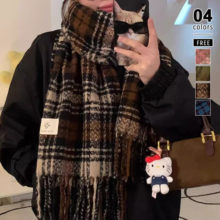 ブラウン | チェック柄マフラー マフラー ロゴタグマフラー | COCOMOMO