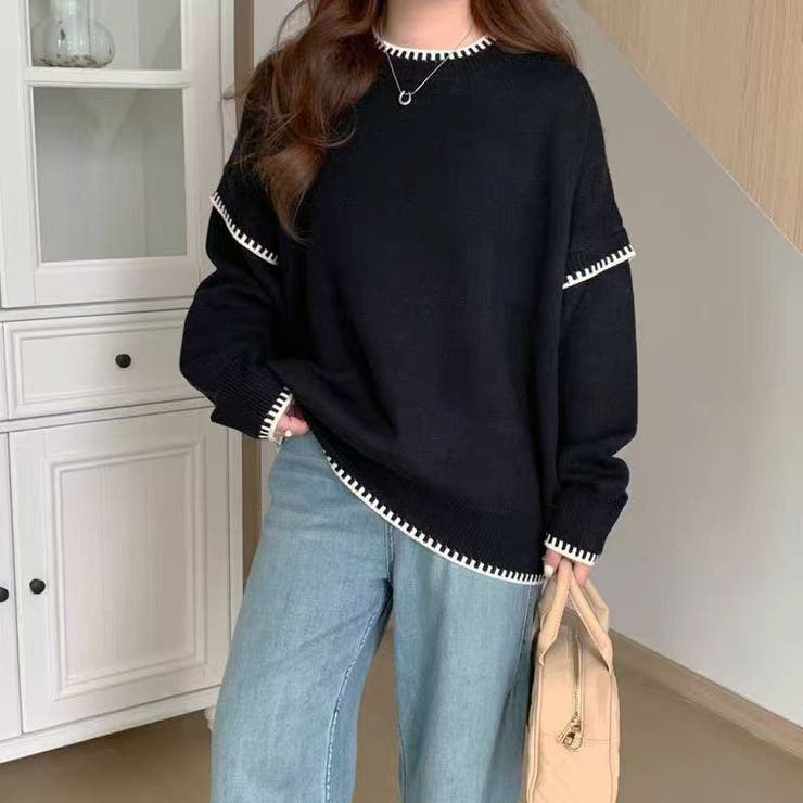 配色ステッチニット ドロップショルダー ニットセーター | COCOMOMO | 詳細画像12 