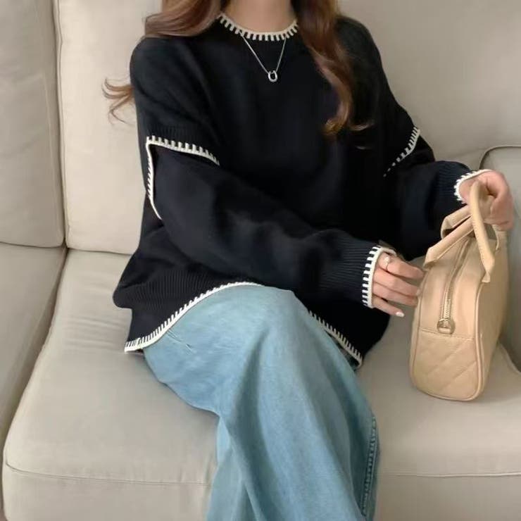 配色ステッチニット ドロップショルダー ニットセーター | COCOMOMO | 詳細画像13 