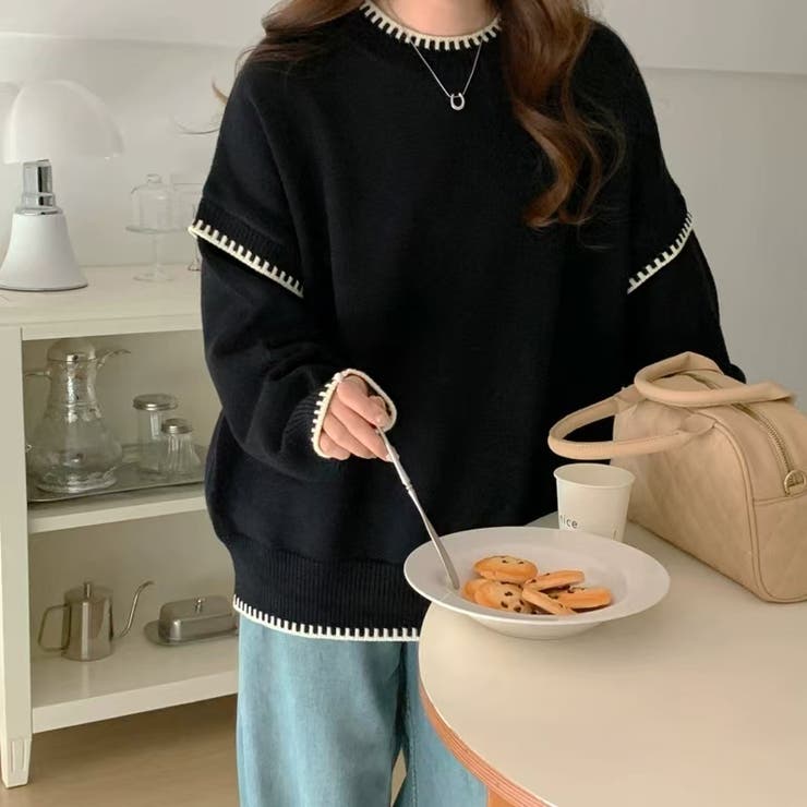 配色ステッチニット ドロップショルダー ニットセーター | COCOMOMO | 詳細画像15 