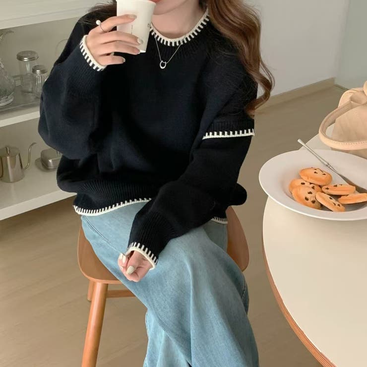 配色ステッチニット ドロップショルダー ニットセーター | COCOMOMO | 詳細画像16 