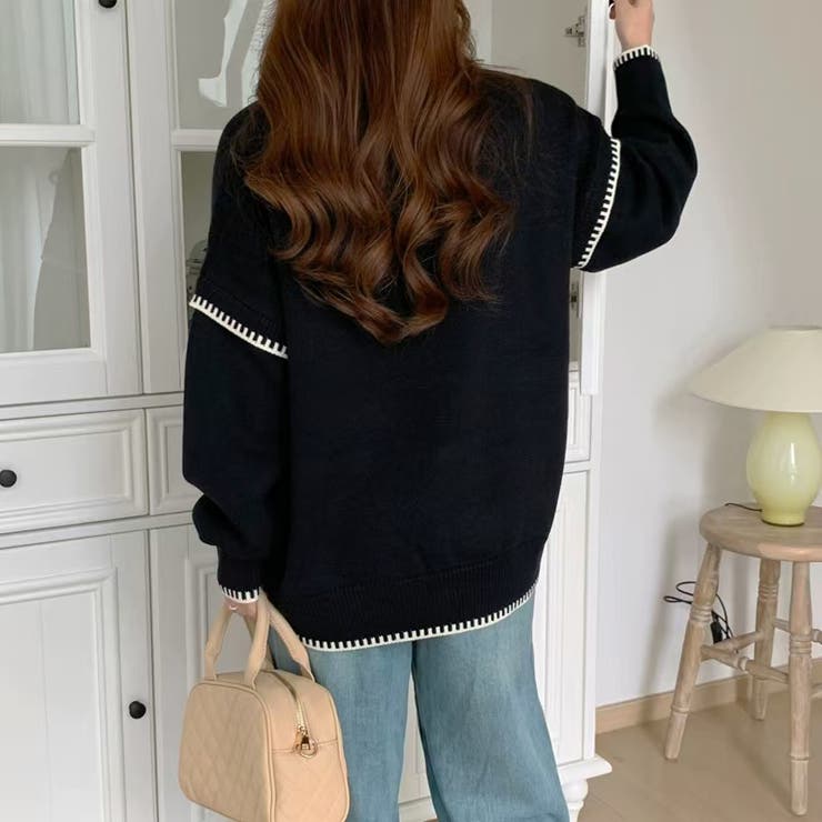 配色ステッチニット ドロップショルダー ニットセーター | COCOMOMO | 詳細画像17 