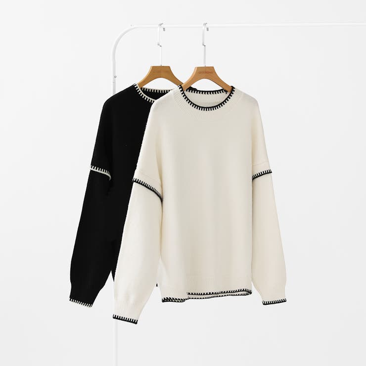 配色ステッチニット ドロップショルダー ニットセーター | COCOMOMO | 詳細画像18 