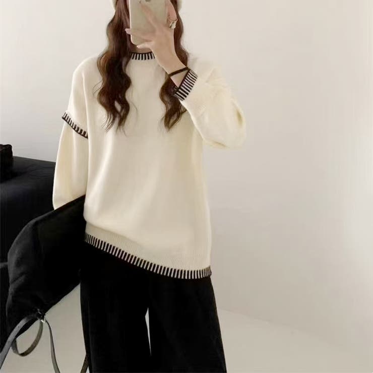 配色ステッチニット ドロップショルダー ニットセーター | COCOMOMO | 詳細画像6 