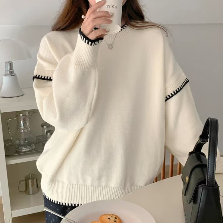 配色ステッチニット ドロップショルダー ニットセーター | COCOMOMO | 詳細画像7 