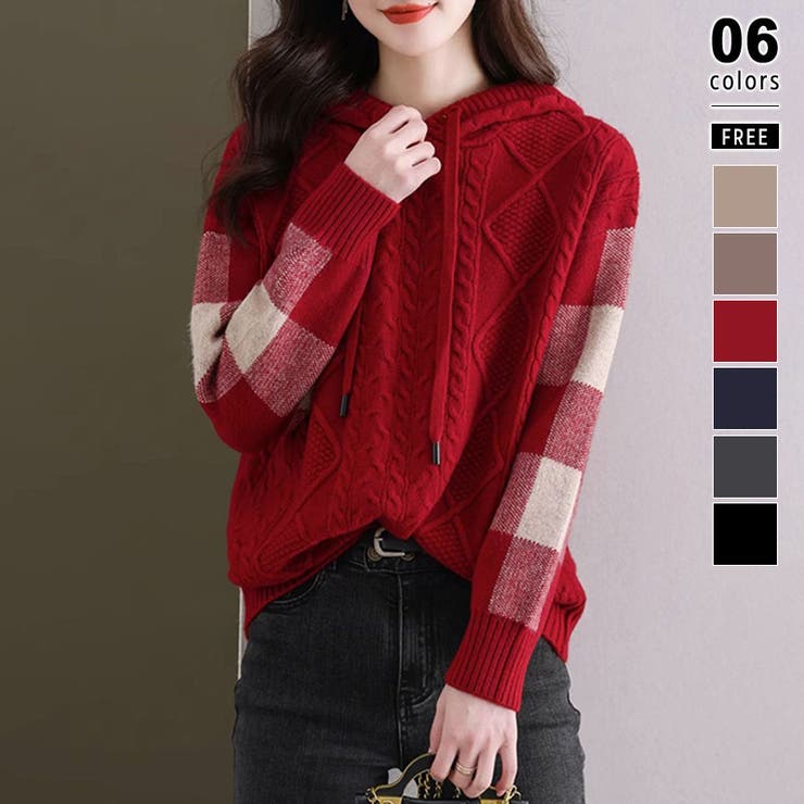 レッド | ケーブル編みニット ニットパーカー ニットセーター | COCOMOMO