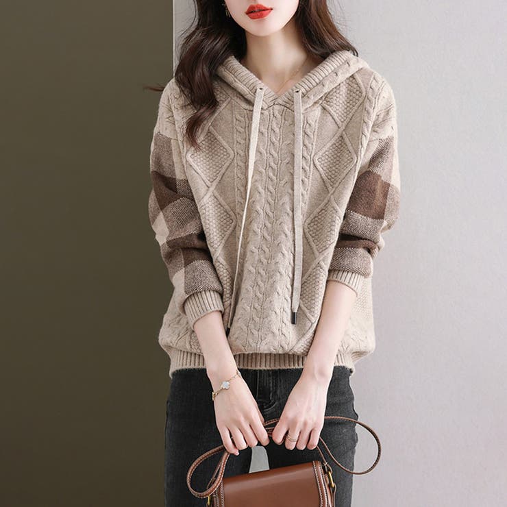 ケーブル編みニット ニットパーカー ニットセーター | COCOMOMO | 詳細画像5 