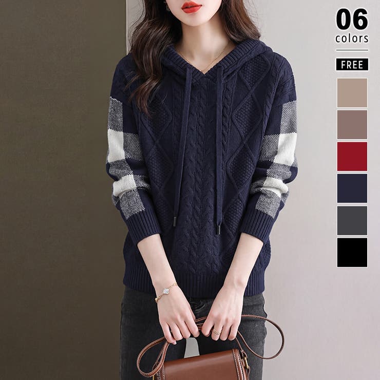 ネイビー | ケーブル編みニット ニットパーカー ニットセーター | COCOMOMO