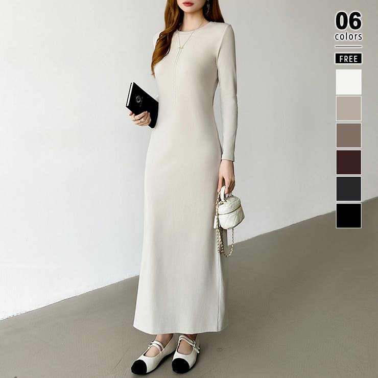 ベージュ | 縦ラインで魅せるIラインロングワンピース ストレッチワンピース iラインワンピース | COCOMOMO