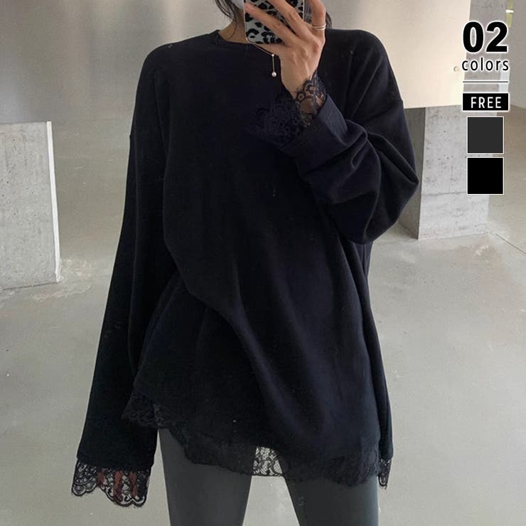 ブラック | レースカットソー レイヤードトップス レーストップス | COCOMOMO