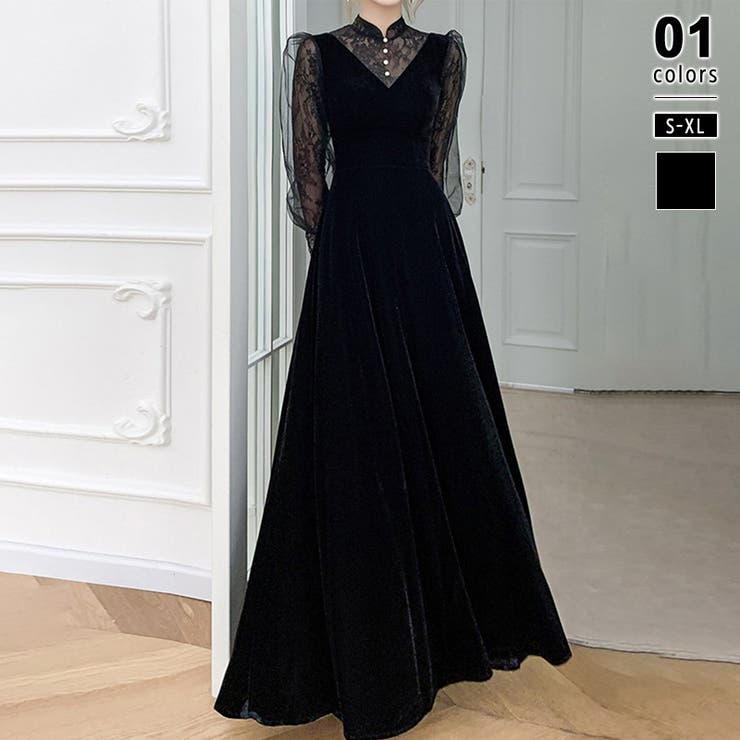 ロング丈・ブラック | 大人可愛いを上品に。ベロアパーティードレス ベロアワンピース 結婚式 | COCOMOMO