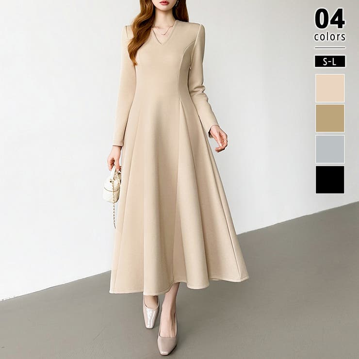 ベージュ | 一目で美人。美ラインフレアワンピ vネックワンピース フレアワンピース | COCOMOMO