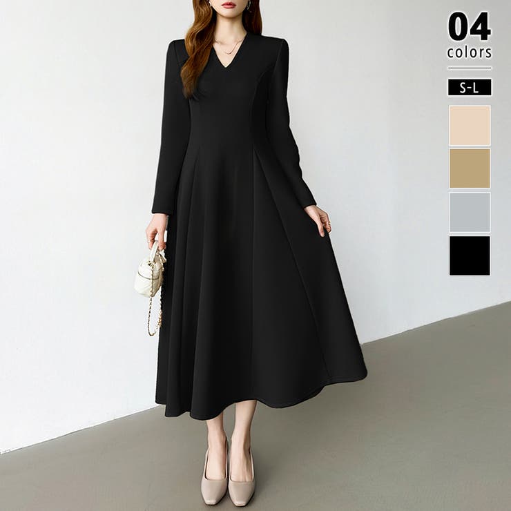 ブラック | 一目で美人。美ラインフレアワンピ vネックワンピース フレアワンピース | COCOMOMO