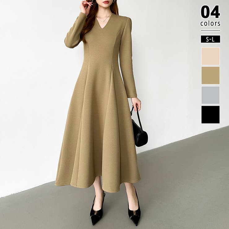 ライトブラウン | 一目で美人。美ラインフレアワンピ vネックワンピース フレアワンピース | COCOMOMO