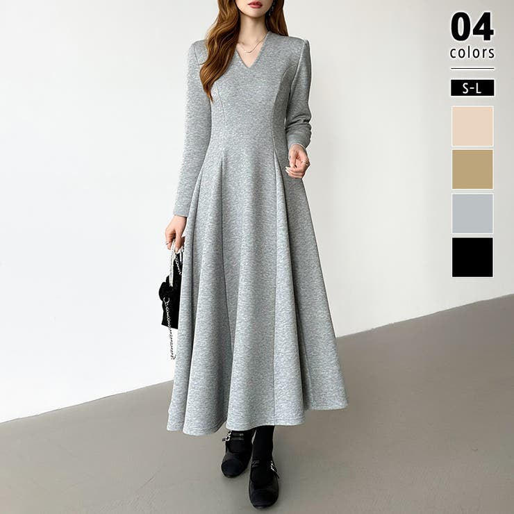 グレー | 一目で美人。美ラインフレアワンピ vネックワンピース フレアワンピース | COCOMOMO
