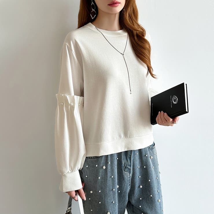 カジュアルに、ほんのりフェミニン。パールギャザースウェットトップス トレーナー | COCOMOMO | 詳細画像14 