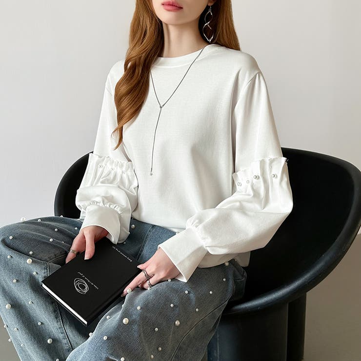 カジュアルに、ほんのりフェミニン。パールギャザースウェットトップス トレーナー | COCOMOMO | 詳細画像15 