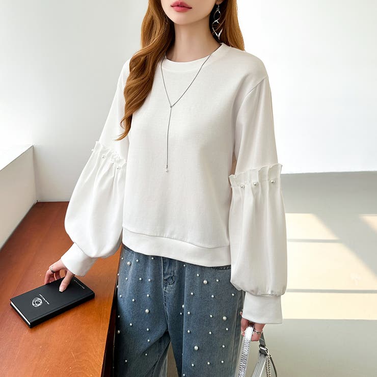 カジュアルに、ほんのりフェミニン。パールギャザースウェットトップス トレーナー | COCOMOMO | 詳細画像18 