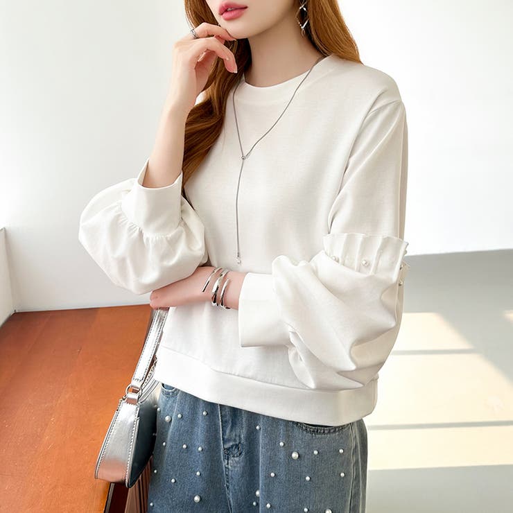 カジュアルに、ほんのりフェミニン。パールギャザースウェットトップス トレーナー | COCOMOMO | 詳細画像21 