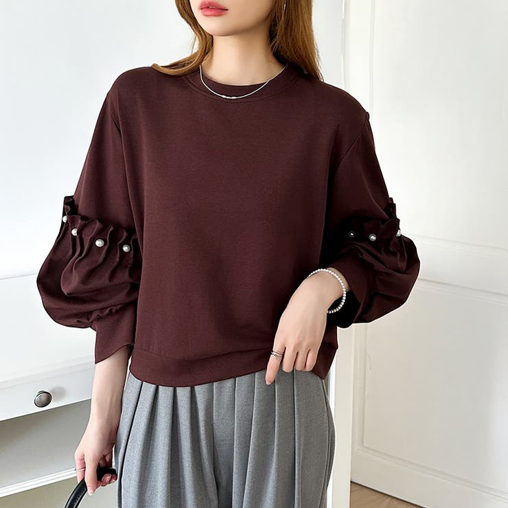 カジュアルに、ほんのりフェミニン。パールギャザースウェットトップス トレーナー | COCOMOMO | 詳細画像30 