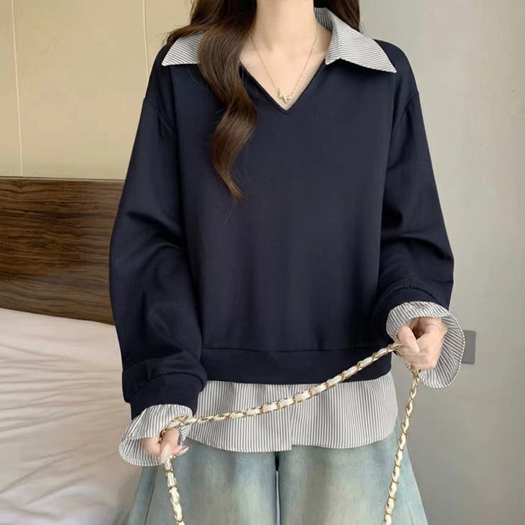 一枚でレイヤード風コーデに。ドッキングシャツ 襟付きVネックトップス 重ね着風 | COCOMOMO | 詳細画像10 