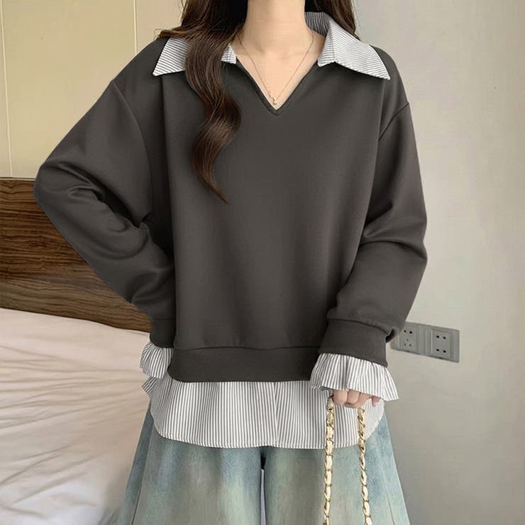 一枚でレイヤード風コーデに。ドッキングシャツ 襟付きVネックトップス 重ね着風 | COCOMOMO | 詳細画像11 