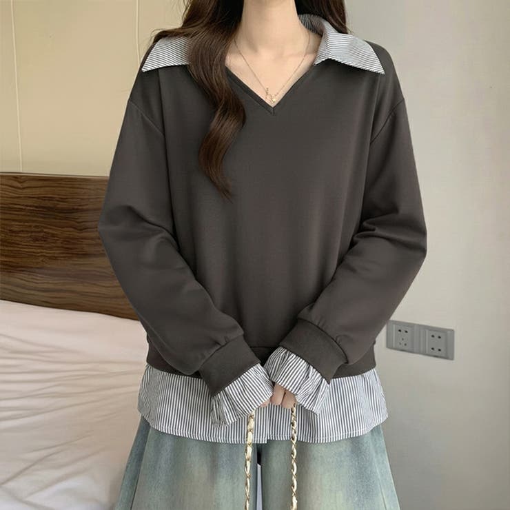 一枚でレイヤード風コーデに。ドッキングシャツ 襟付きVネックトップス 重ね着風 | COCOMOMO | 詳細画像13 