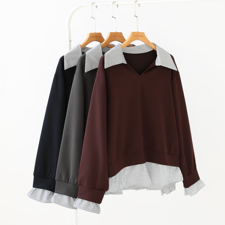 一枚でレイヤード風コーデに。ドッキングシャツ 襟付きVネックトップス 重ね着風 | COCOMOMO | 詳細画像14 