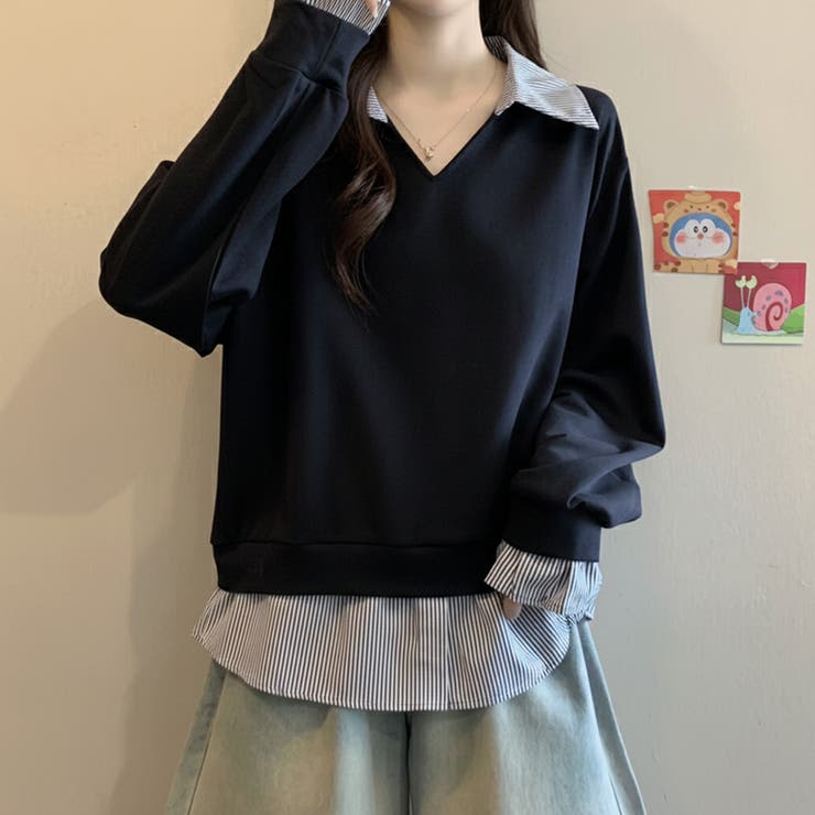 一枚でレイヤード風コーデに。ドッキングシャツ 襟付きVネックトップス 重ね着風 | COCOMOMO | 詳細画像5 