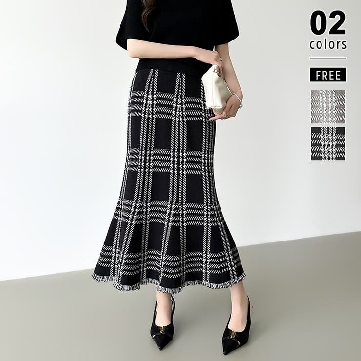 ブラック | 女性らしさを引き立てる、チェックマーメイドスカート チェックスカート マーメイド… | COCOMOMO