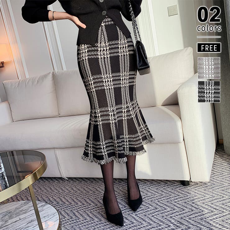 ブラック | 女性らしさを引き立てる、チェックマーメイドスカート チェックスカート | COCOMOMO