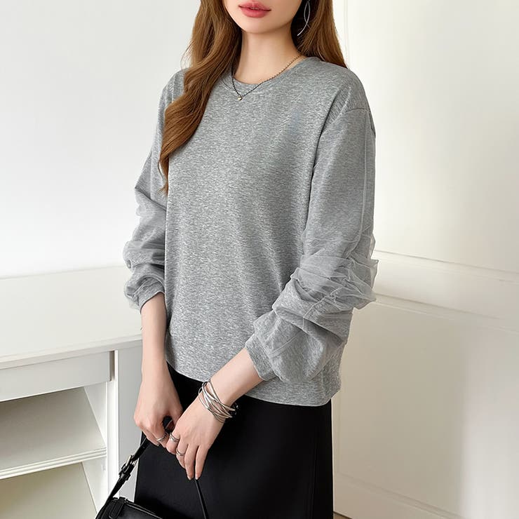 透け感チュールで魅せる、チュールドッキングトップス スウェット チュール袖 | COCOMOMO | 詳細画像10 