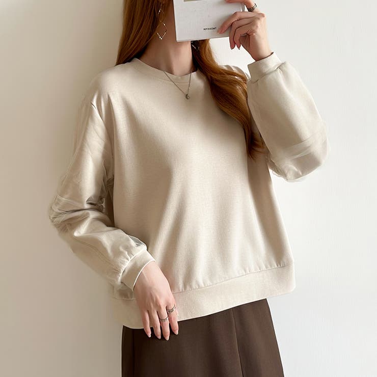 透け感チュールで魅せる、チュールドッキングトップス スウェット チュール袖 | COCOMOMO | 詳細画像12 