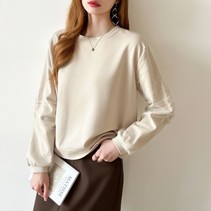 透け感チュールで魅せる、チュールドッキングトップス スウェット チュール袖 | COCOMOMO | 詳細画像13 