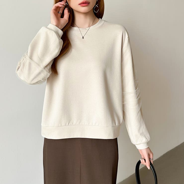 透け感チュールで魅せる、チュールドッキングトップス スウェット チュール袖 | COCOMOMO | 詳細画像14 