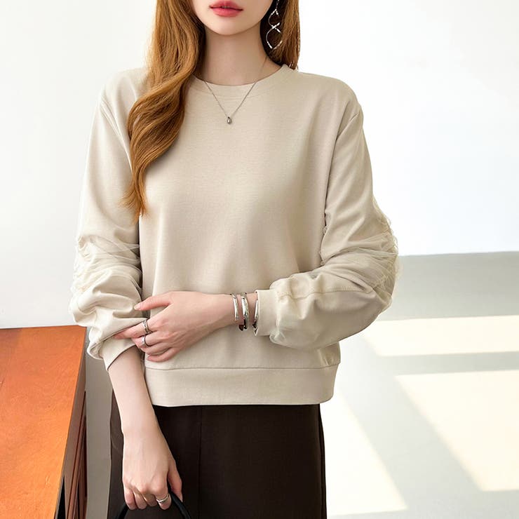 透け感チュールで魅せる、チュールドッキングトップス スウェット チュール袖 | COCOMOMO | 詳細画像17 