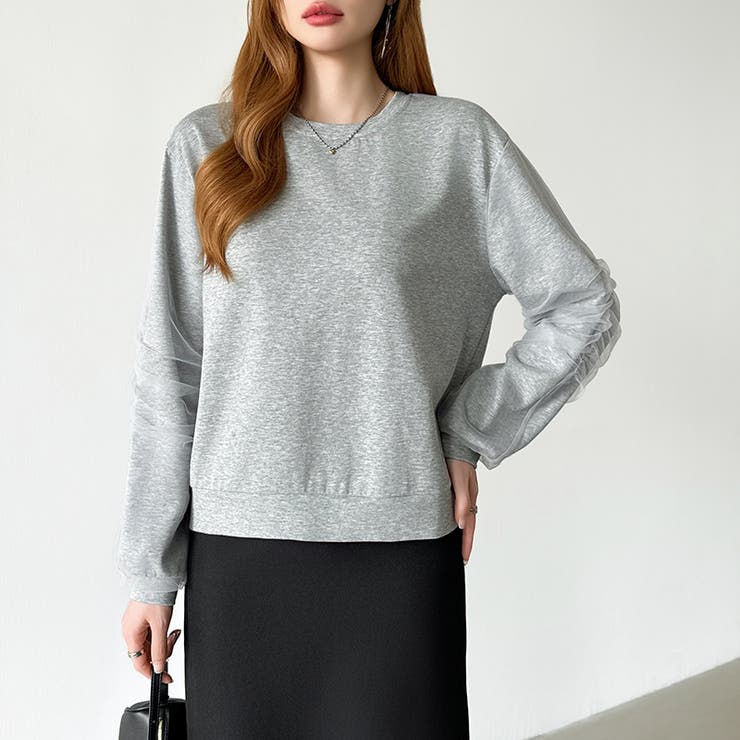 透け感チュールで魅せる、チュールドッキングトップス スウェット チュール袖 | COCOMOMO | 詳細画像2 