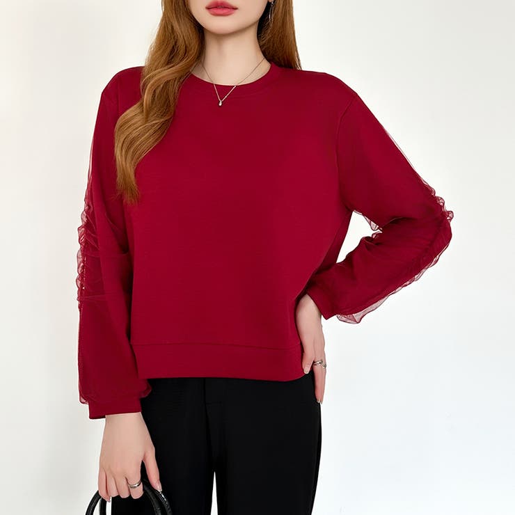 透け感チュールで魅せる、チュールドッキングトップス スウェット チュール袖 | COCOMOMO | 詳細画像20 