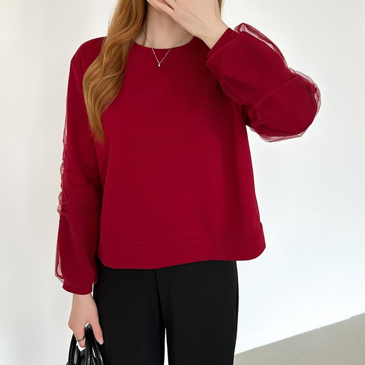 透け感チュールで魅せる、チュールドッキングトップス スウェット チュール袖 | COCOMOMO | 詳細画像21 