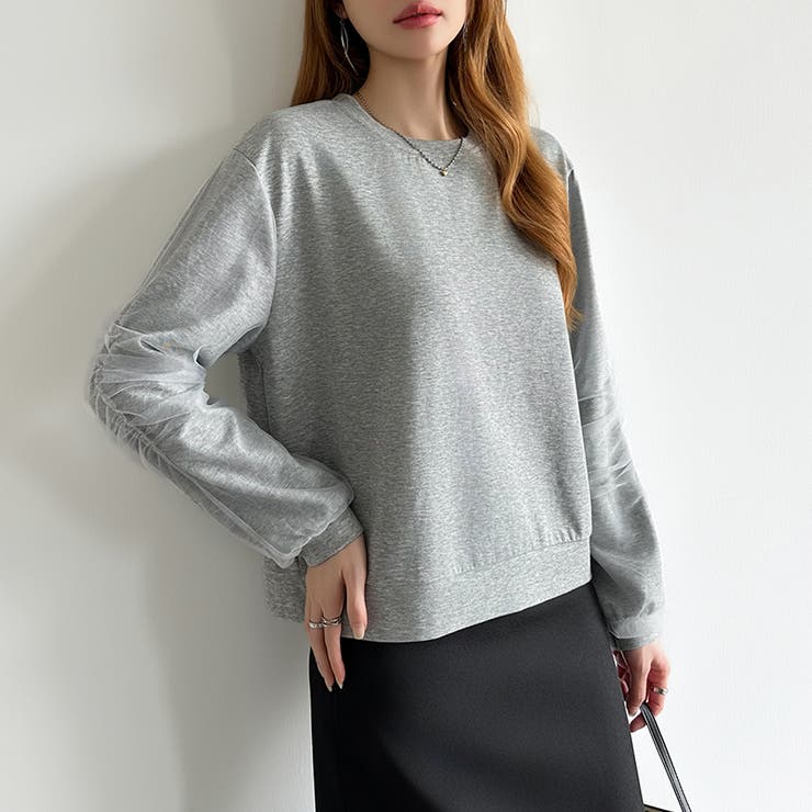 透け感チュールで魅せる、チュールドッキングトップス スウェット チュール袖 | COCOMOMO | 詳細画像3 