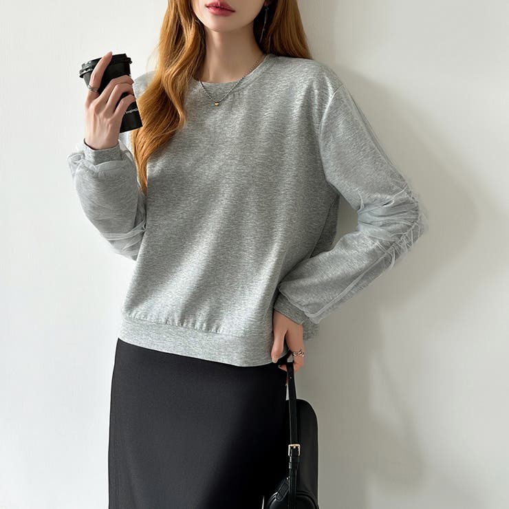 透け感チュールで魅せる、チュールドッキングトップス スウェット チュール袖 | COCOMOMO | 詳細画像4 