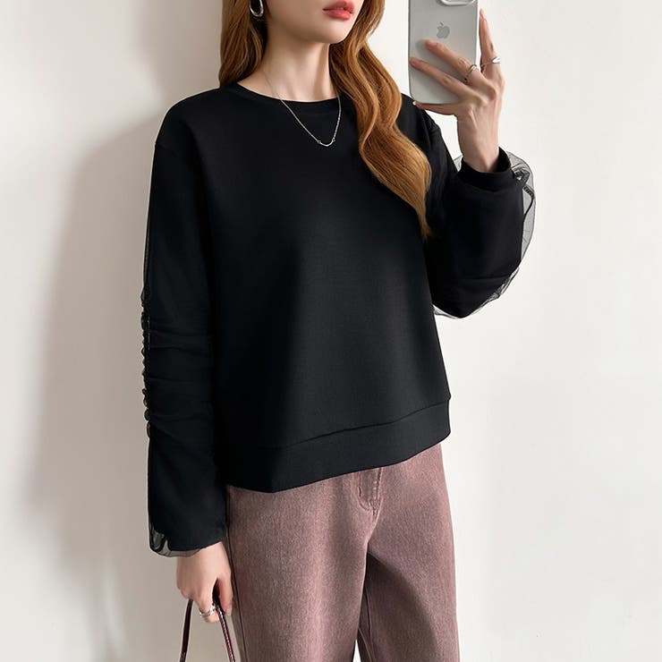 透け感チュールで魅せる、チュールドッキングトップス スウェット チュール袖 | COCOMOMO | 詳細画像44 