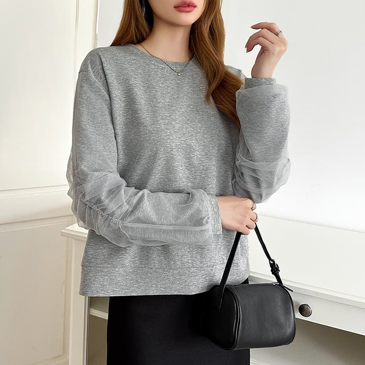 透け感チュールで魅せる、チュールドッキングトップス スウェット チュール袖 | COCOMOMO | 詳細画像9 