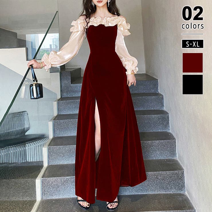 ワイン | しなやかに艶めく、オフショルベロアドレス パーティードレス ベロアドレス | COCOMOMO